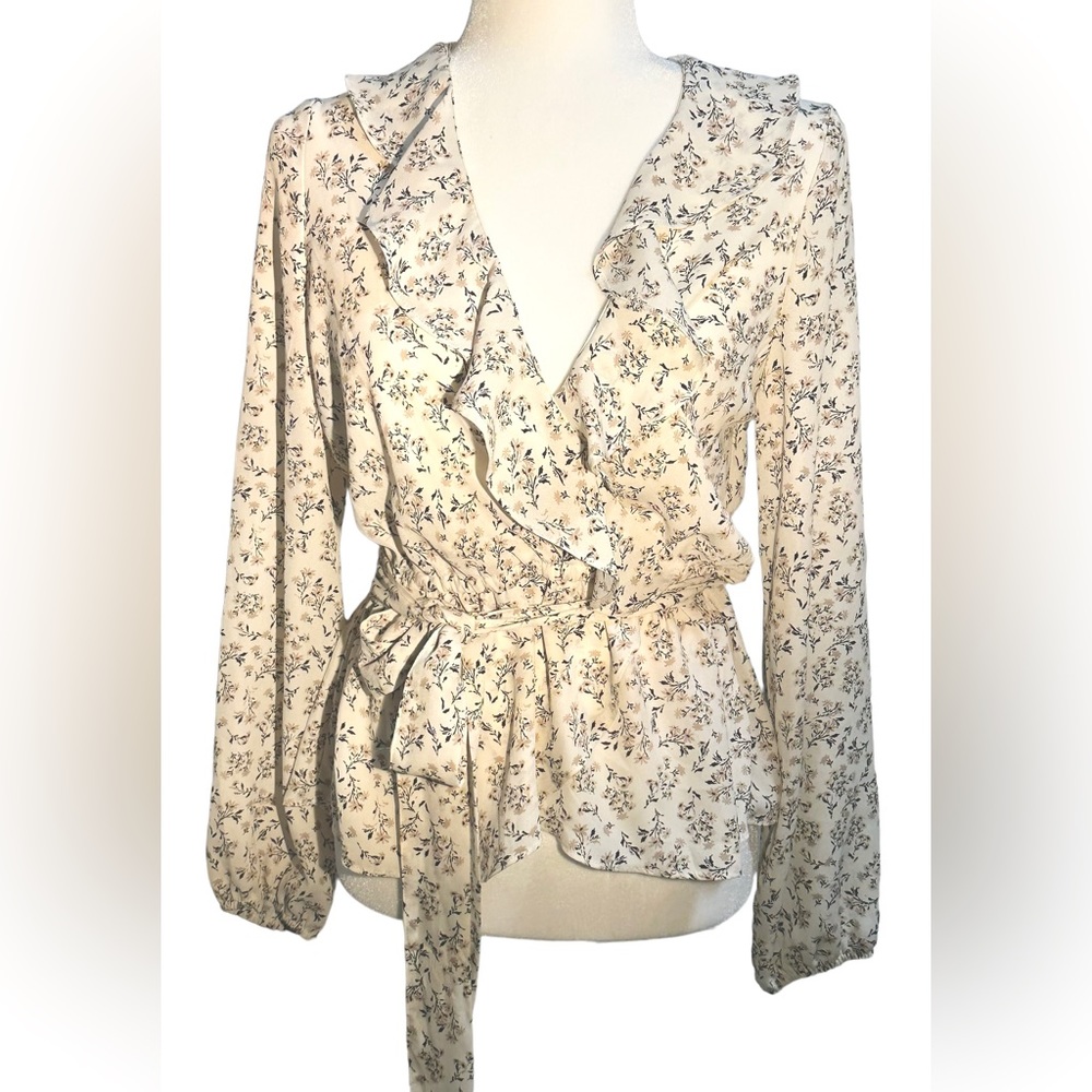 Max Studio Whimsical Ivory Floral Ruffle Wrap Blouse Small